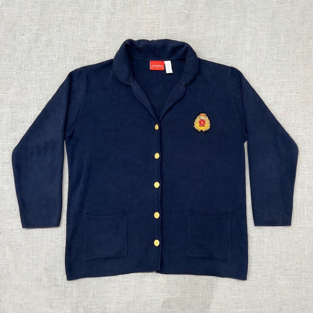 Liz Claiborne Crest Knit Cardigan Navy Gold Buttons Cotton Sweater Women's M
